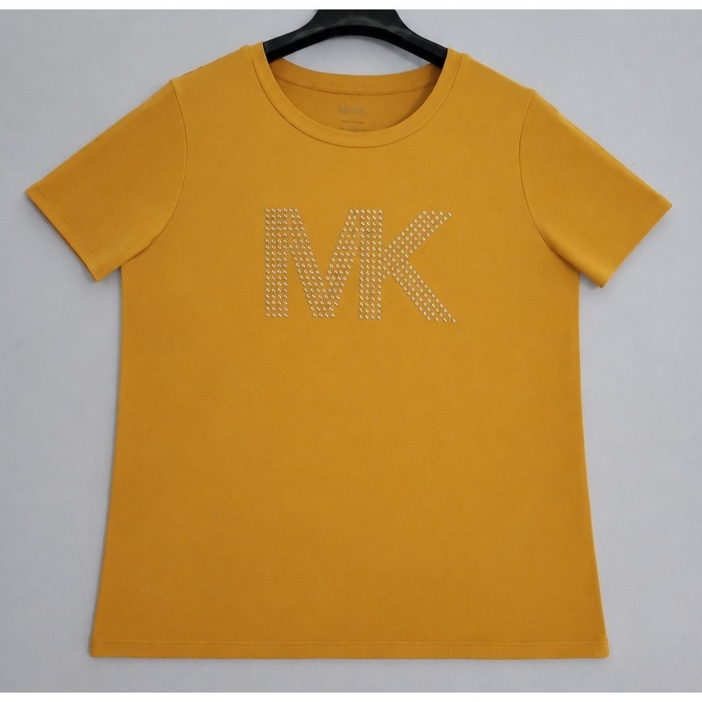 Michael Kors Womens Mustard Studded MK Logo Graphic T-Shirt Size XL Short Sleeve